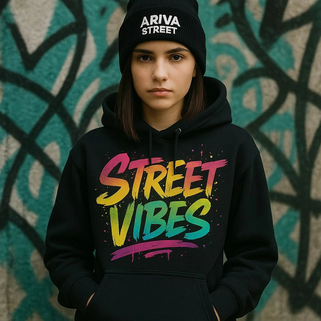 Person wearing a turquoise graphic hoodie featuring a colorful cartoon bear design with sunglasses, graffiti-style text that says "Hustle," and vibrant street art elements.