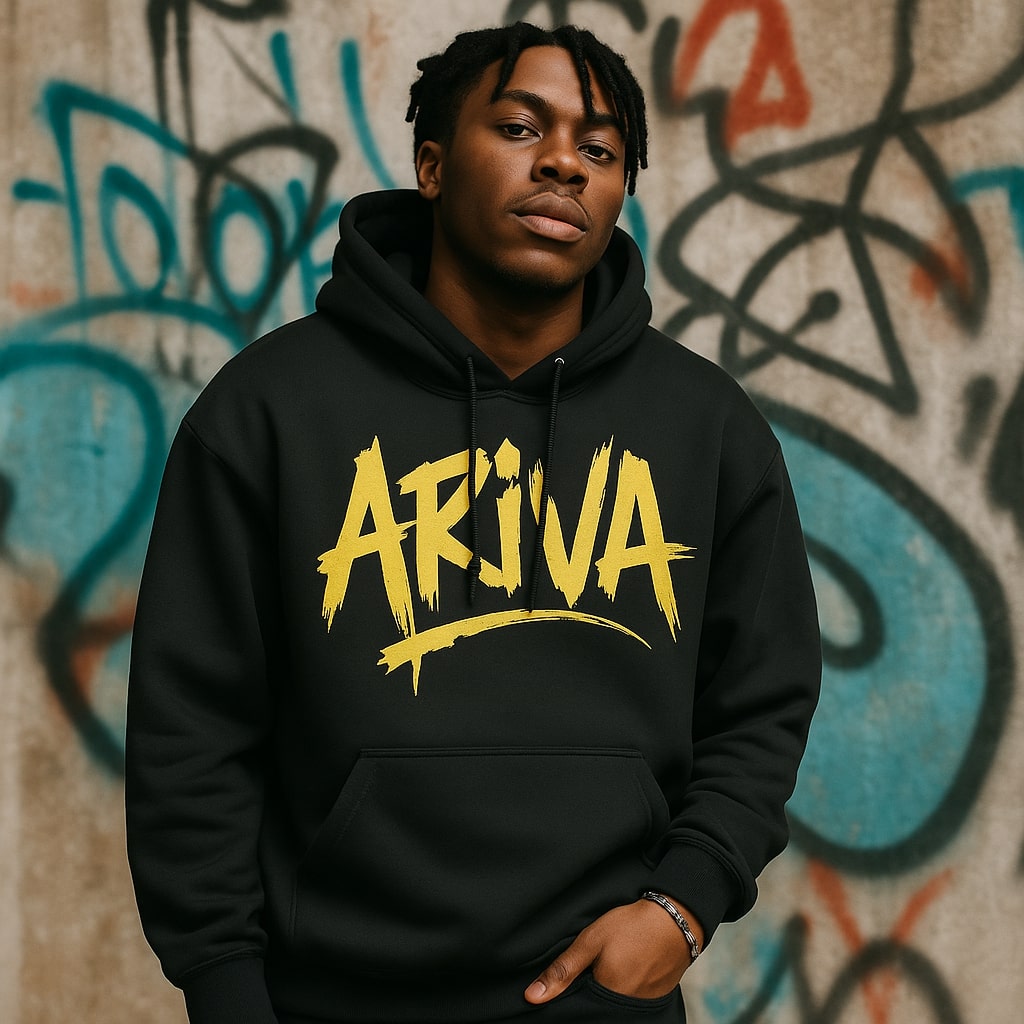 Person wearing a black oversized Thrasher hoodie with sunglasses, styled in streetwear fashion