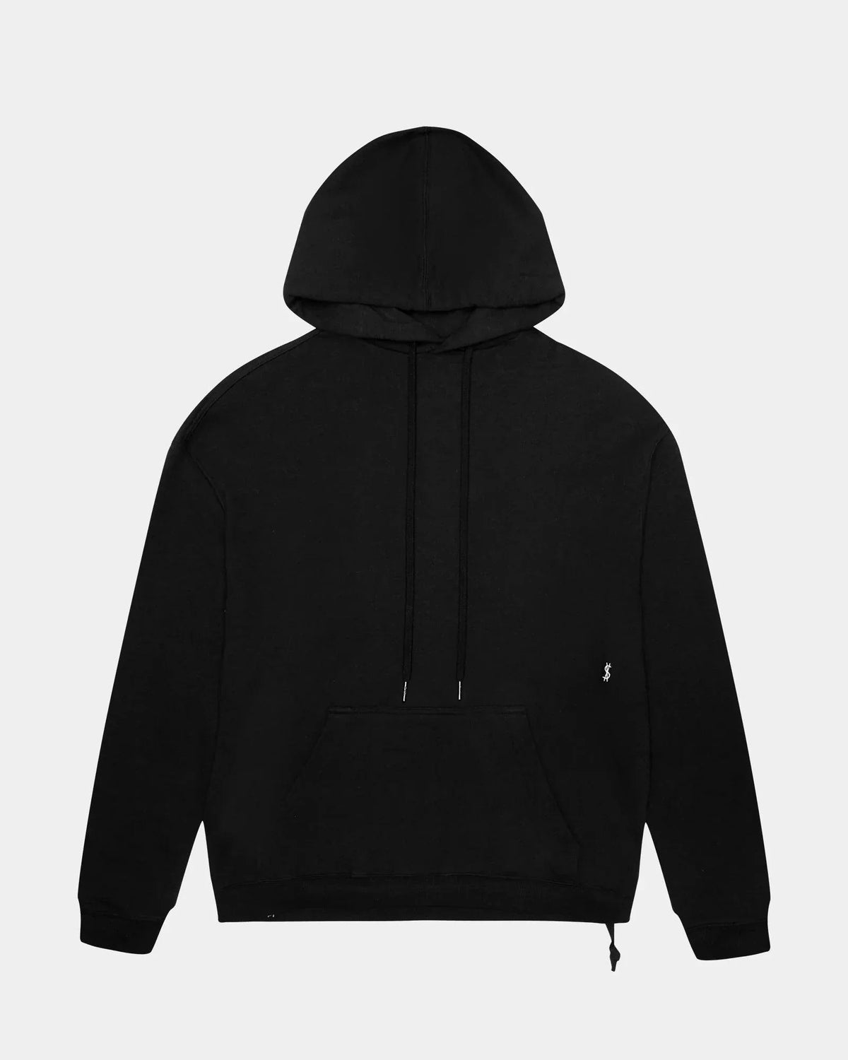 Men's essential hoodie in black with a minimalist design, featuring a front pocket and drawstring hood.
