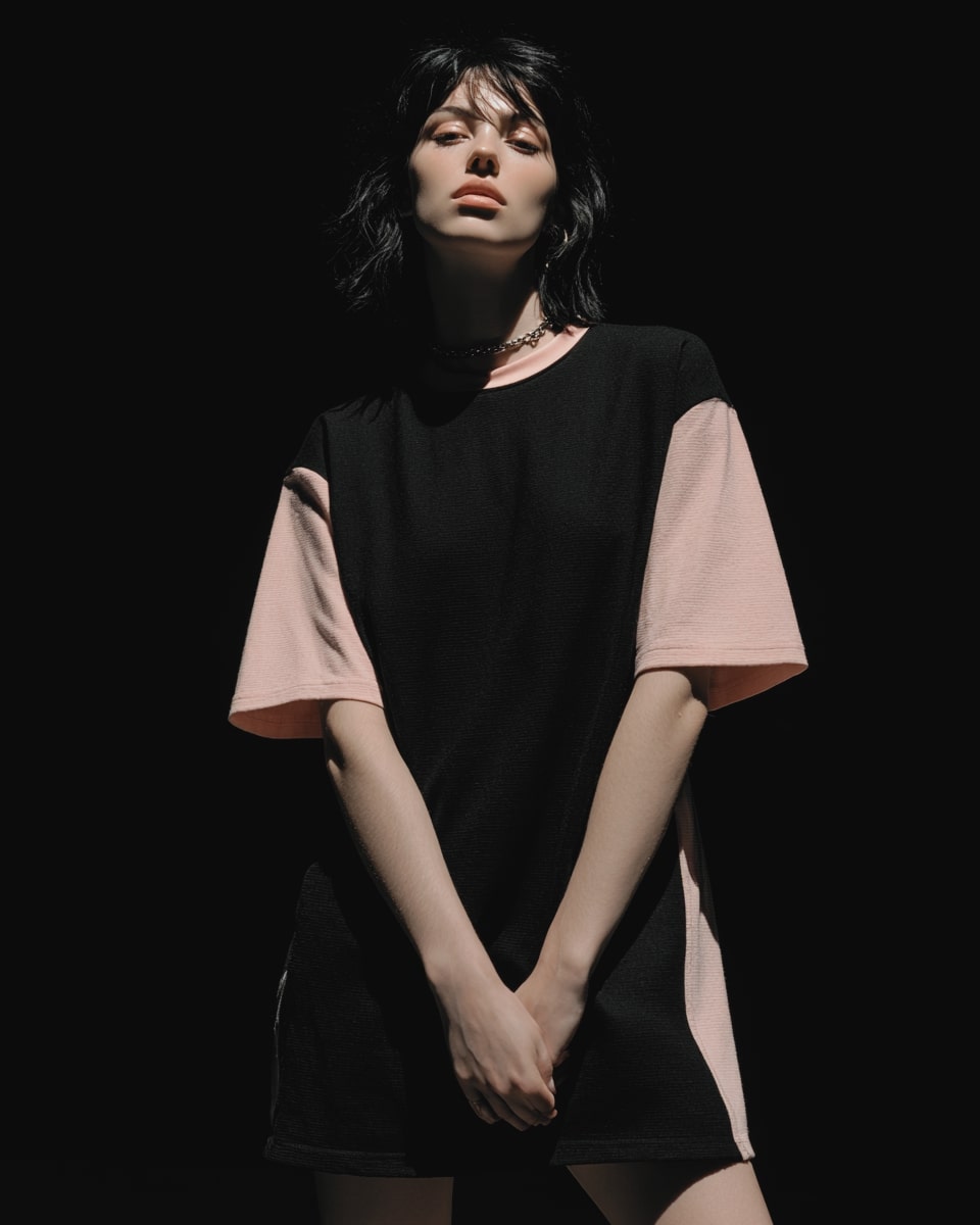Woman wearing a pink oversized streetwear t-shirt with bold graphic and "Troublemaker" text, styled with sunglasses and tattoos in an urban setting.
