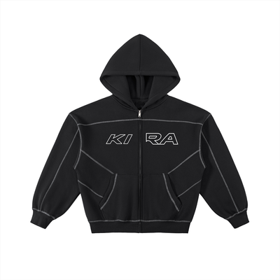 Contrast-Stitched Boxy Fleece Zip Hoodie
