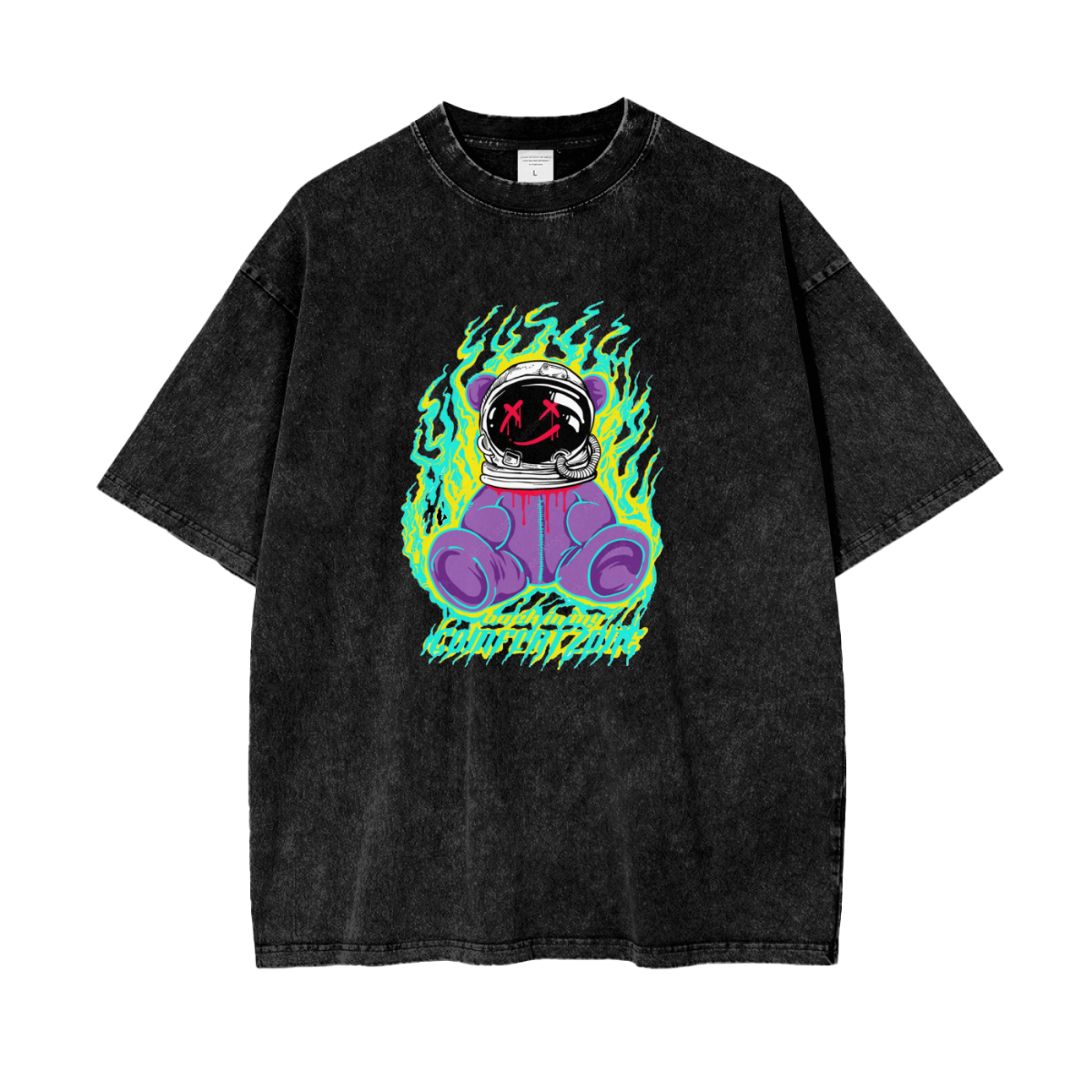 Oversized black acid-washed grahphic t-shirt featuring a vibrant logo of a purple teddy bear in a space helmet with neon green and blue flame accents — edgy astronaut bear design, urban fashion aesthetic