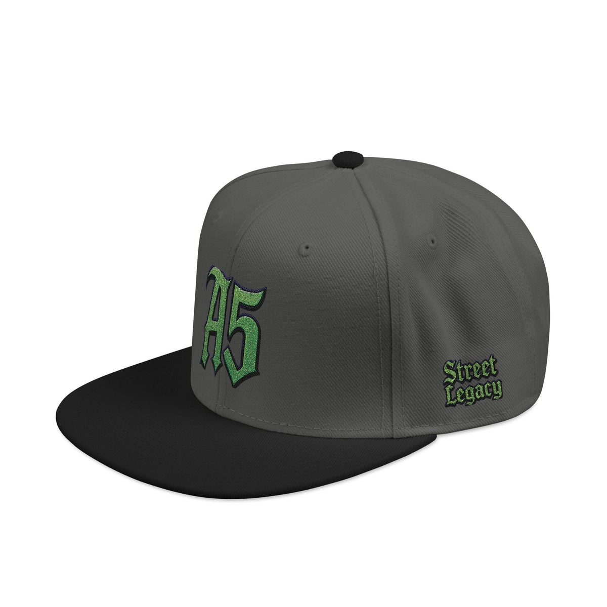 A5 Streetwear Snapback Hat – Green Embroidered Logo - One size / Black/Charcoal gray/Charcoal gray