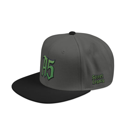 A5 Streetwear Snapback Hat – Green Embroidered Logo - One size / Black/Charcoal gray/Charcoal gray