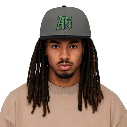 A5 Streetwear Snapback Hat – Green Embroidered Logo - One size / Black/Charcoal gray/Charcoal gray