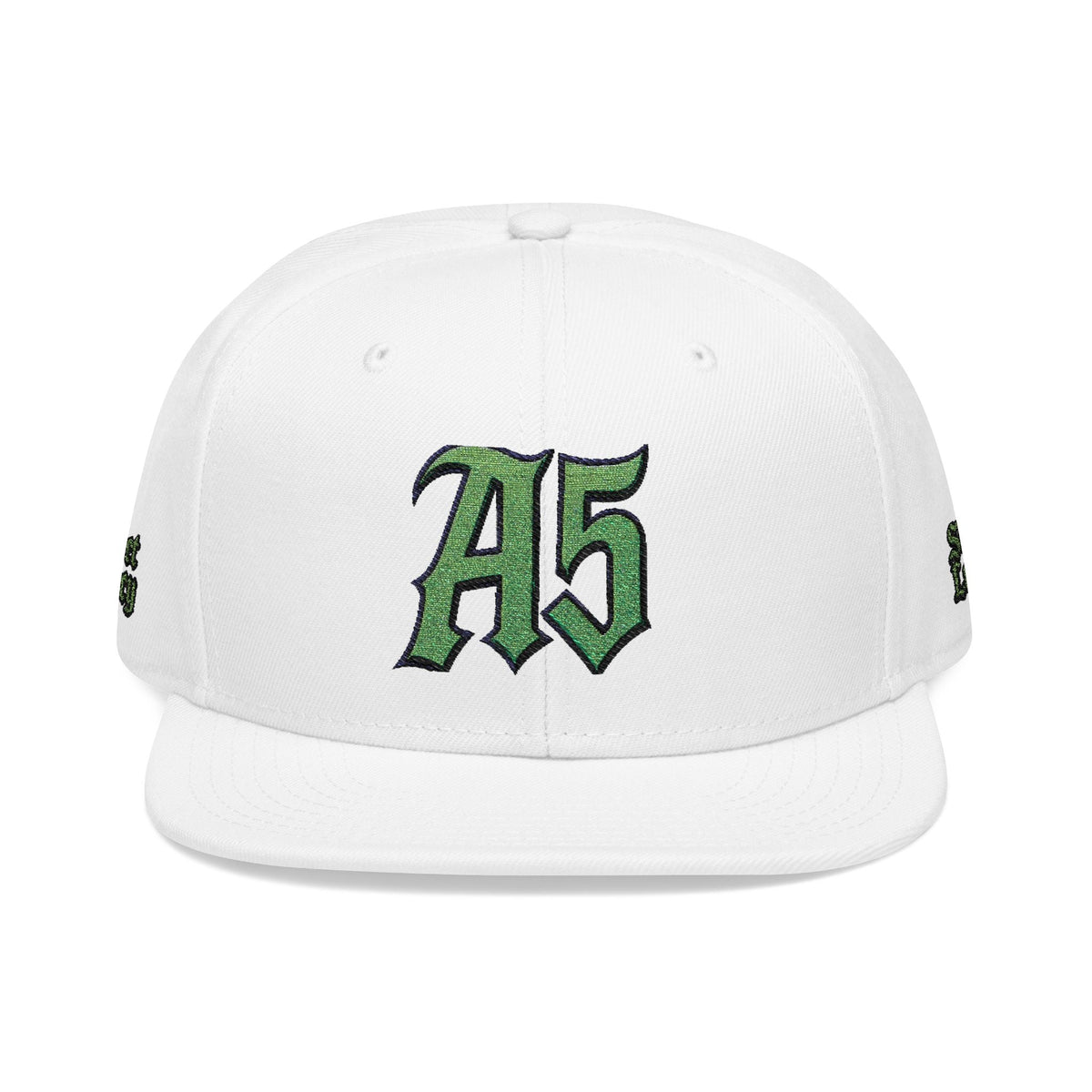 A5 Streetwear Snapback Hat – Green Embroidered Logo - One size / White