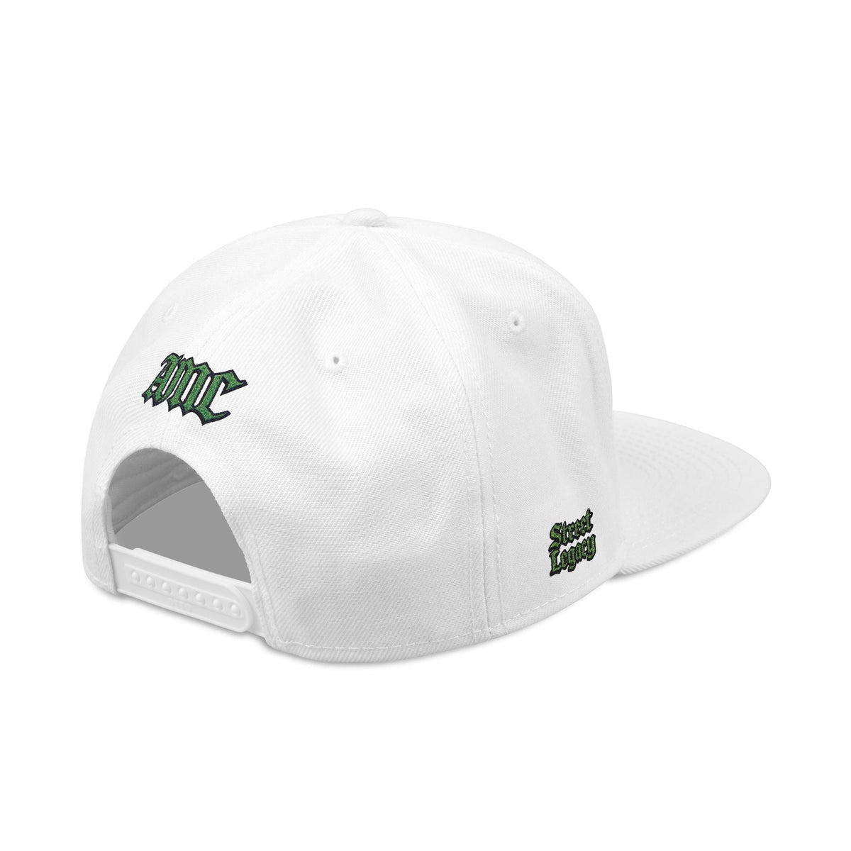 A5 Streetwear Snapback Hat – Green Embroidered Logo - One size / White