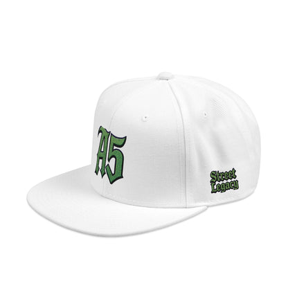 A5 Streetwear Snapback Hat – Green Embroidered Logo - One size / White