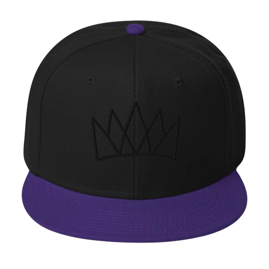 Black and purple Crown Snapback Hat perfect for streetwear fashion enthusiasts