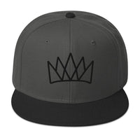 Gray and black crown-embroidered snapback hat for stylish streetwear enthusiasts