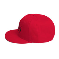 Red flat-brimmed snapback hat with black crown design for stylish streetwear