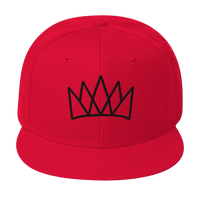 Red flat-brimmed snapback hat featuring a stylish crown design for trendy streetwear
