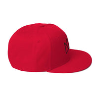 Red flat-brimmed snapback hat featuring a stylish crown design for trendy streetwear
