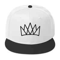White and black crown-emblazoned snapback hat for stylish streetwear