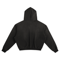 Black essential hoodie with vintage wash finish, featuring a relaxed fit and soft fabric. Back piece