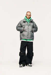Gray puffer jacket with black cargo pants.