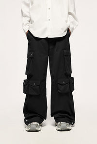 Black cargo pants with multiple pockets.