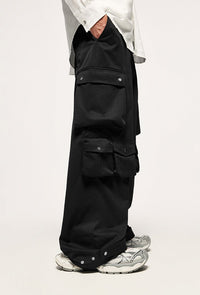 Black cargo pants with multiple pockets.