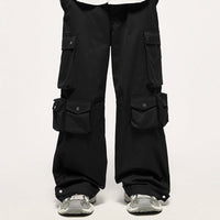 Black cargo pants with multiple pockets.