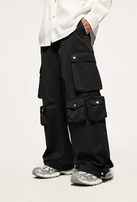 Black cargo pants with multiple pockets.