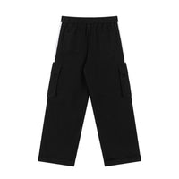Black cargo pants with white stripes.