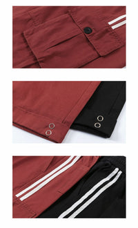 Maroon and black pants details.