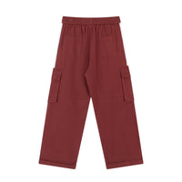 Maroon cargo pants with white stripe.
