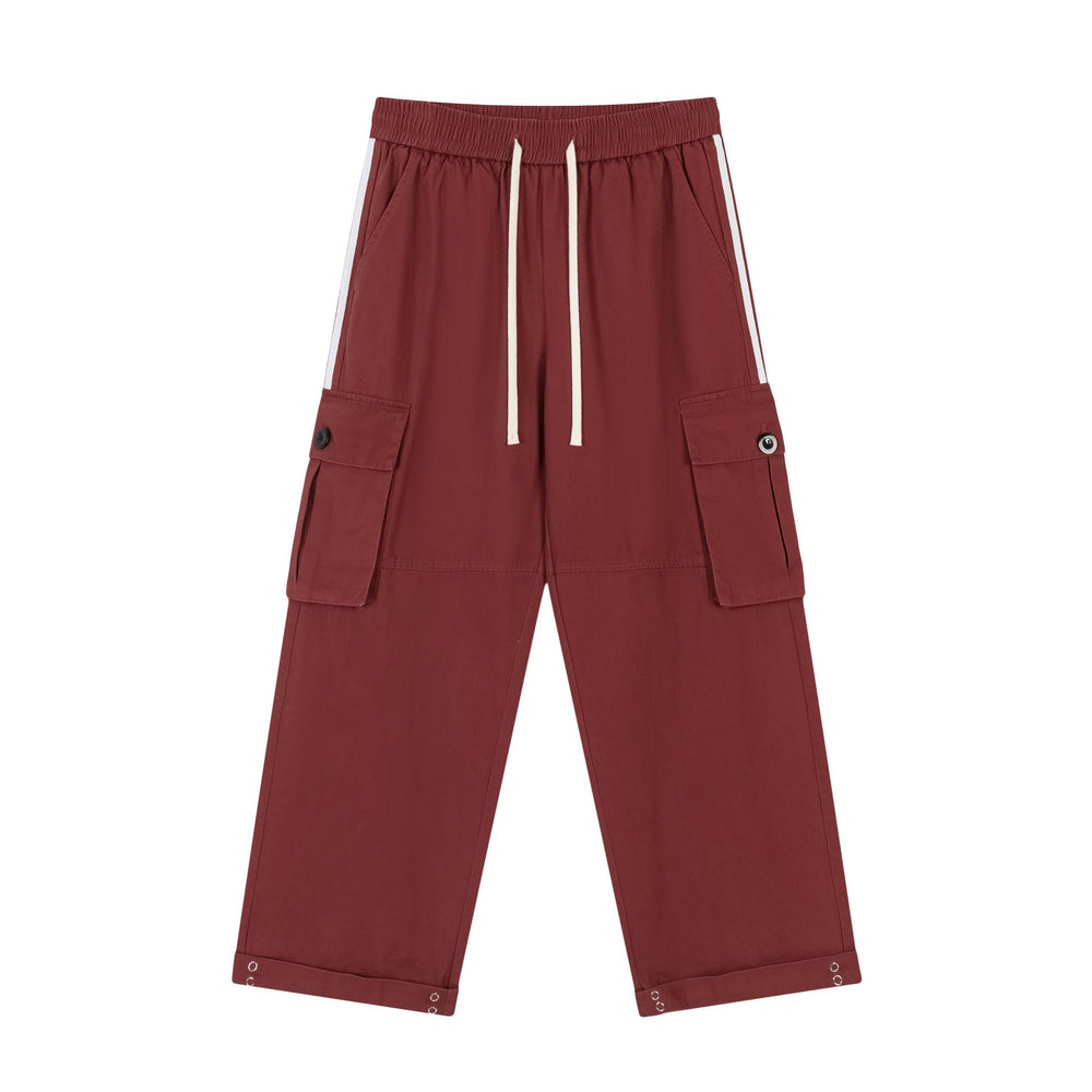 Maroon cargo pants with white stripes.