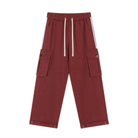 Maroon cargo pants with white stripes.