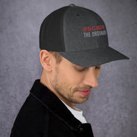 Gray and black adjustable snapback trucker hat for trendy streetwear style