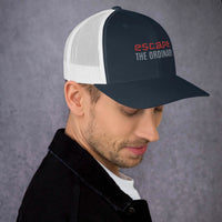 Navy and white adjustable snapback trucker hat for stylish streetwear looks
