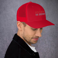 Red trucker hat, adjustable snapback, perfect for stylish streetwear looks