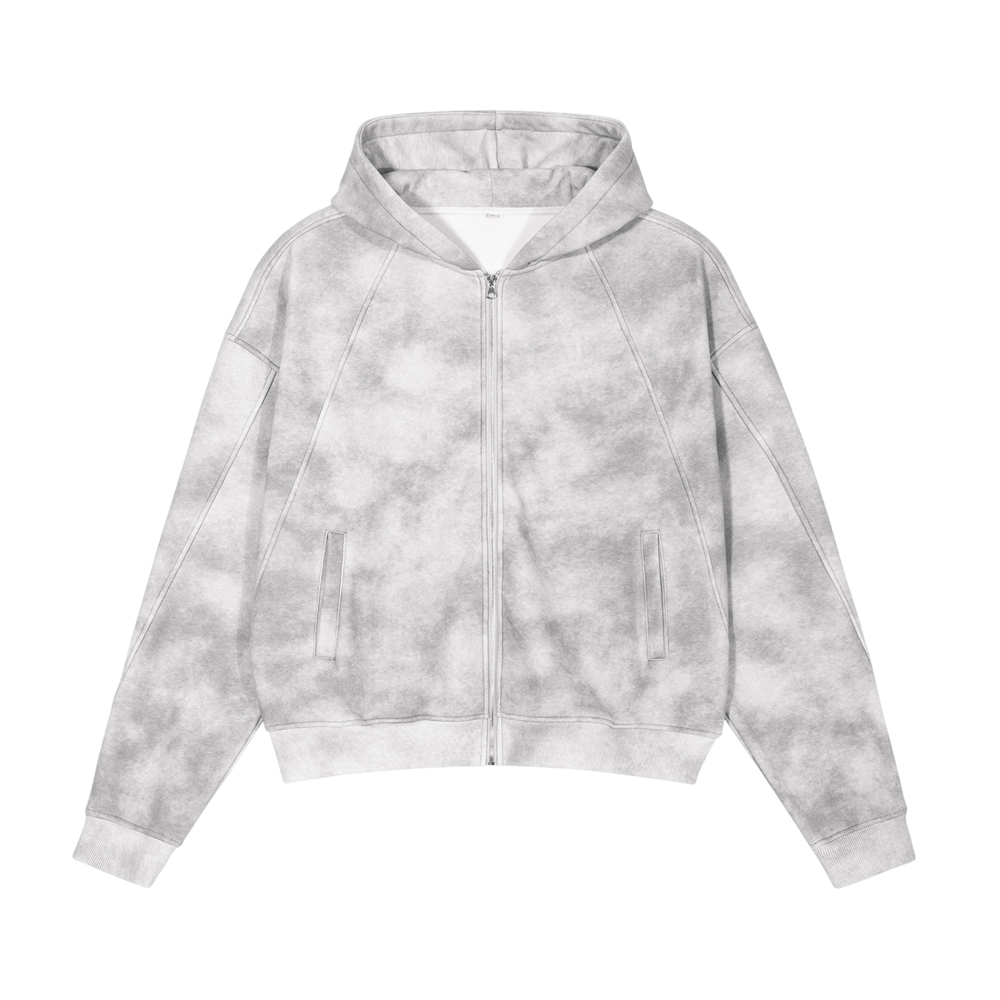 Gray tie-dye zip-up hoodie from Dirty Washed Boxy Zip-up Fleece Hoodie collection
