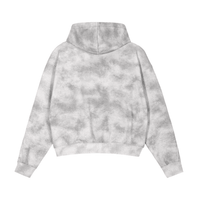 Gray tie-dye hoodie featuring a boxy zip-up design in soft fleece fabric
