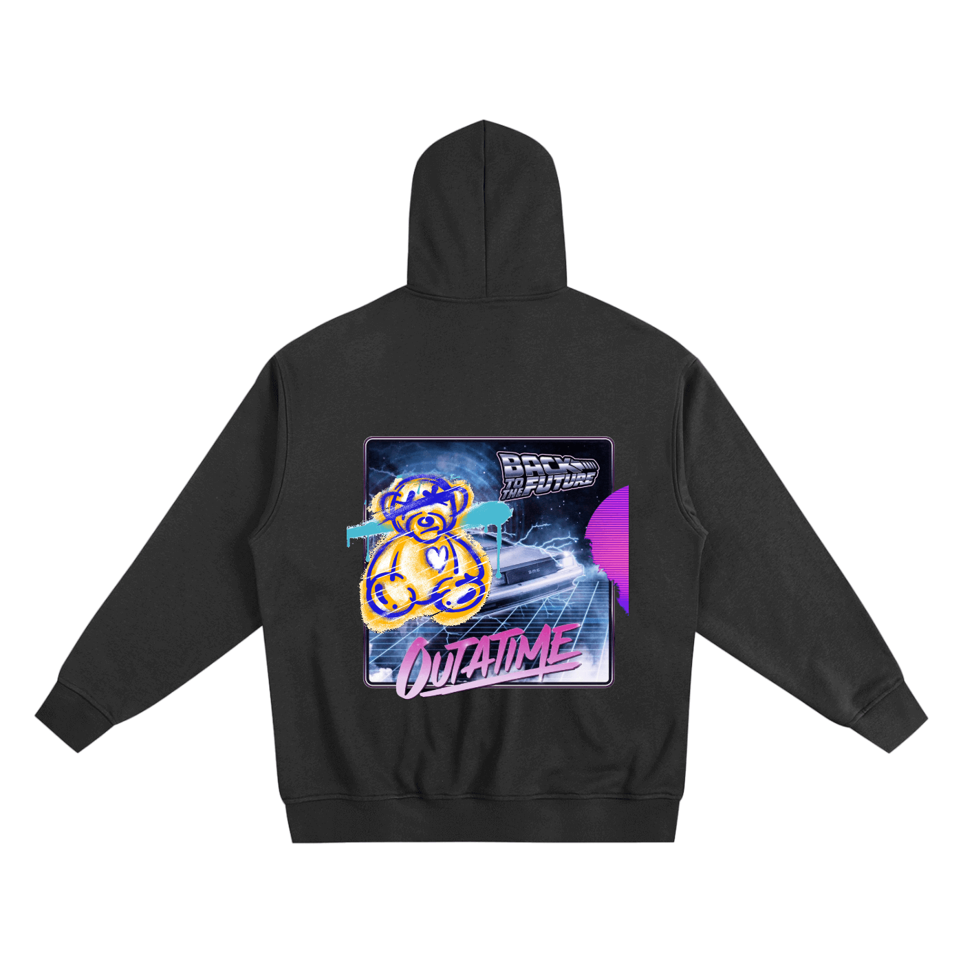 Black Essentials Hoodie featuring Back to the Future graphic design with outatime label