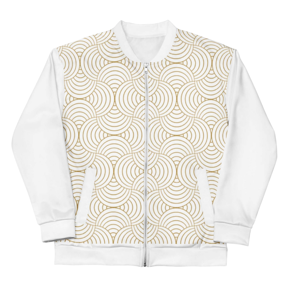 Luxury White and Gold Bomber Jacket featuring a gold circle pattern and brushed fleece