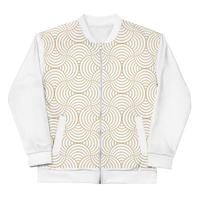 Luxury White and Gold Bomber Jacket featuring a gold circle pattern and brushed fleece