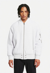 White textured MA1 Quilted Bomber Jacket showcasing modern style and versatility