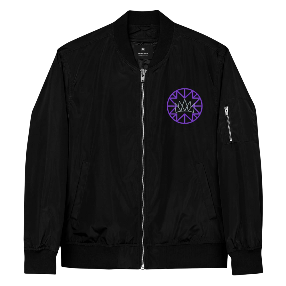 Black Bomber Jacket with Purple Crown featuring a stylish purple emblem design