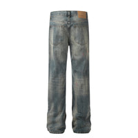 Blue denim jeans with a straight leg.