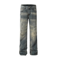 Distressed gray denim jeans.