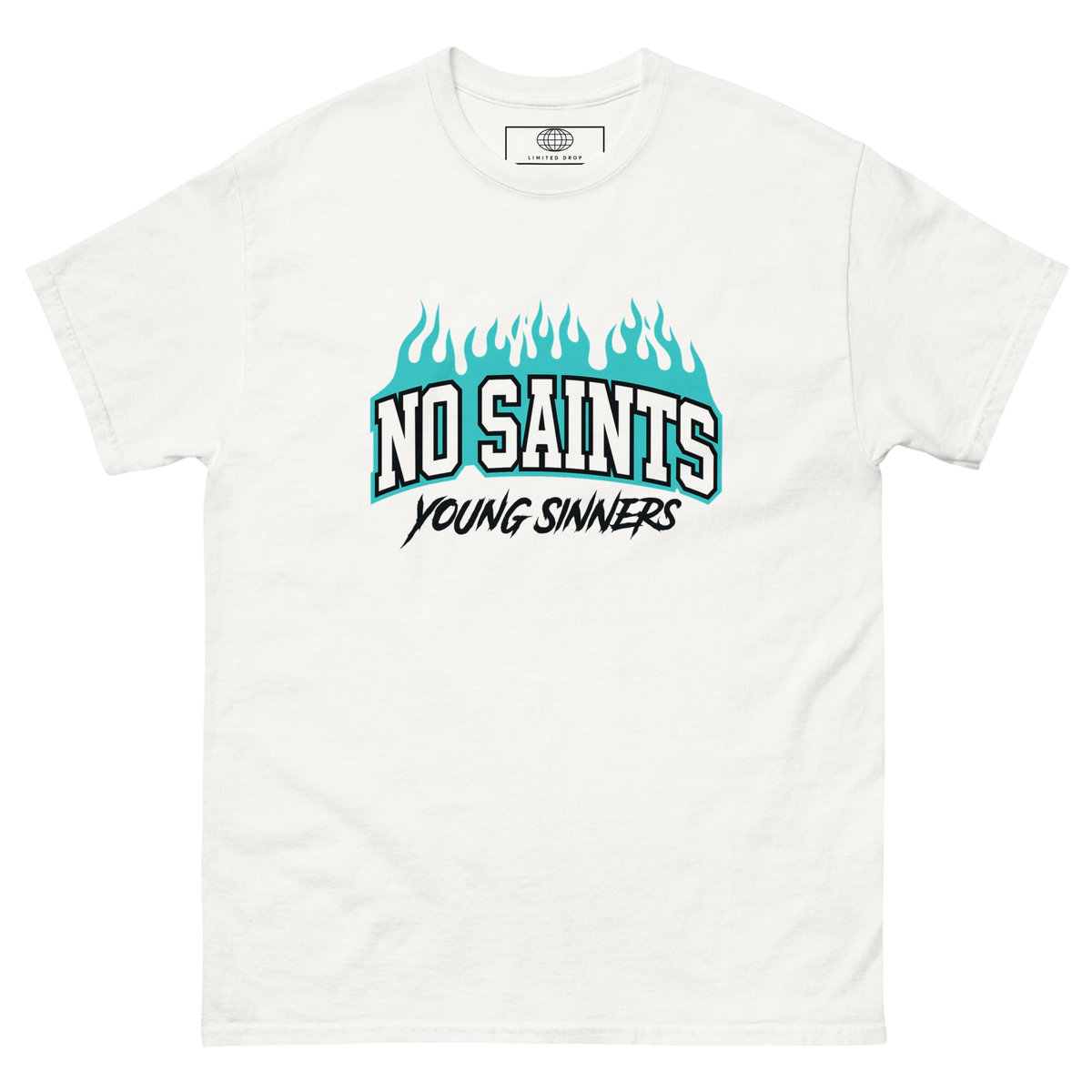 NO SAINTS Flames Graphic Tee - TURQOISE - S