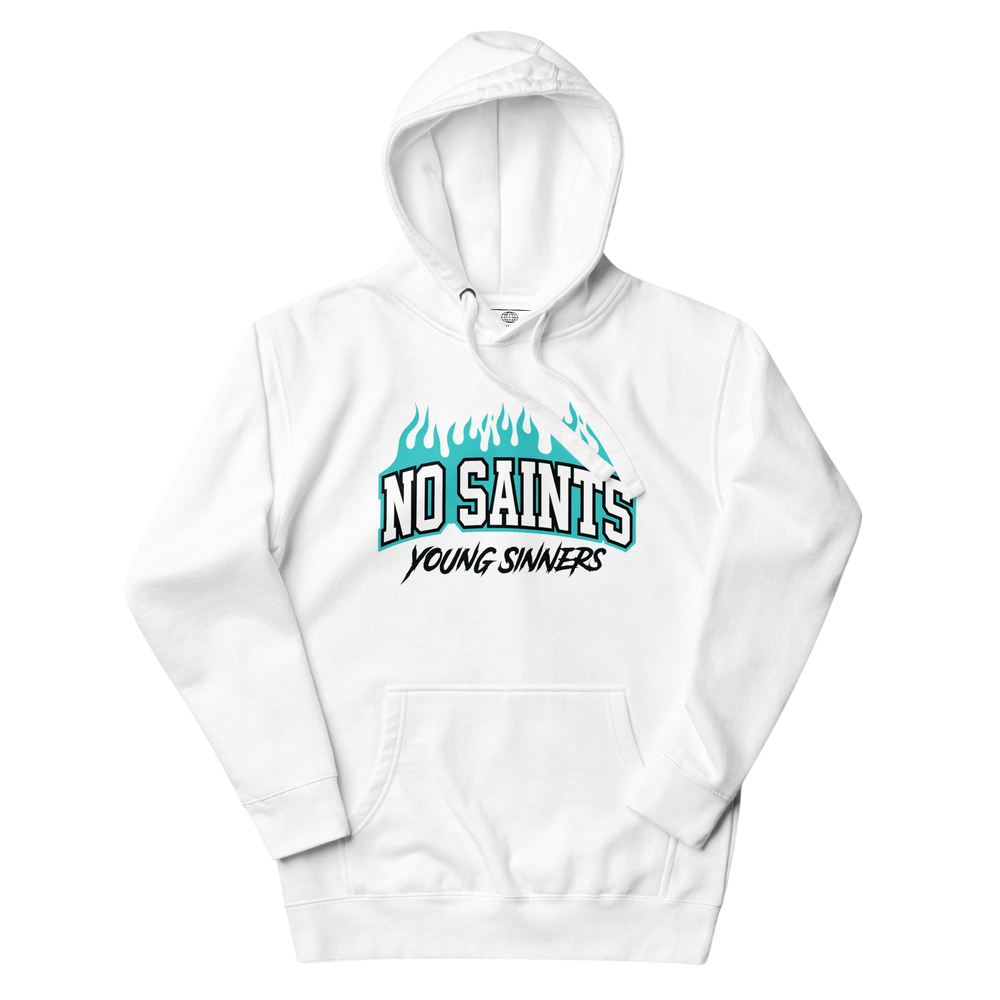 No Saints White Pullover Hoodie - Blue Flames - S