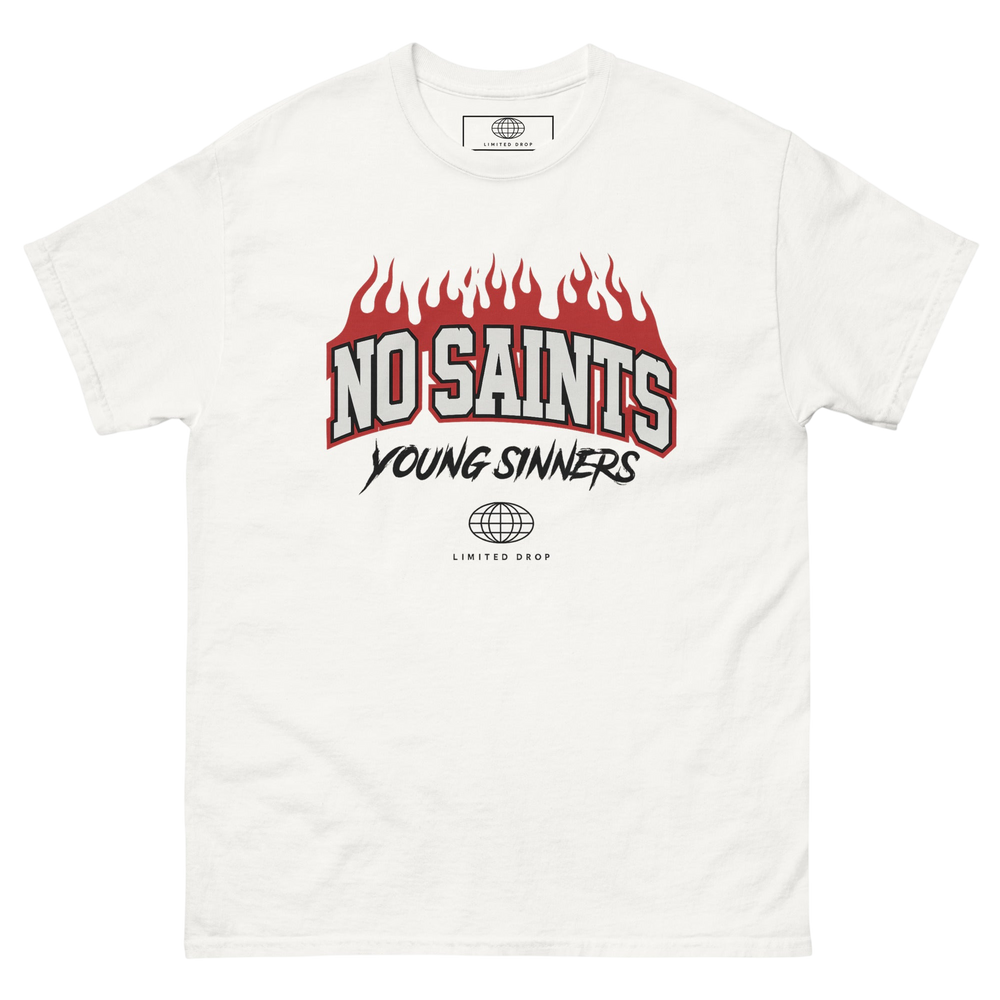 No Saints Young Sinners Flame Graphic T-Shirt - White / S