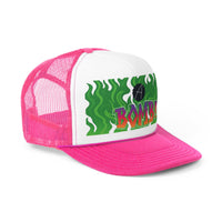 Pink trucker hat.