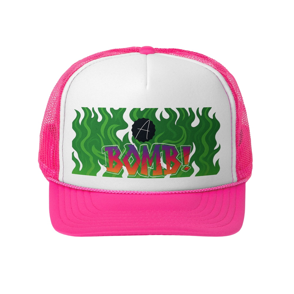 Pink trucker hat.