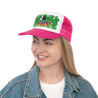 Pink trucker hat with graphic.