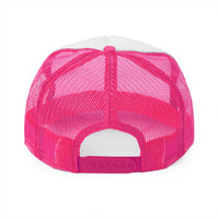 Pink and white trucker hat.