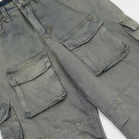 Gray denim cargo pants featured in Washed Blue Cargo Jeans product display