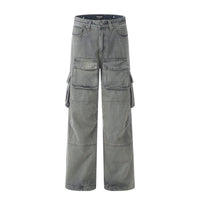 Gray cargo pants displayed as part of Washed Blue Cargo Jeans collection